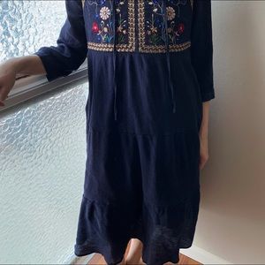 Navy blue calf length embroidered floral dress